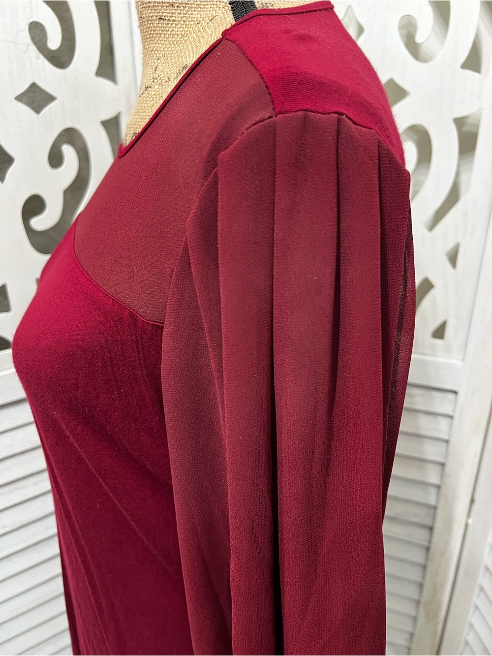 Lascana Women’s Mesh Yoke Long Sleeve Top - Burgundy - Picture 12 of 13